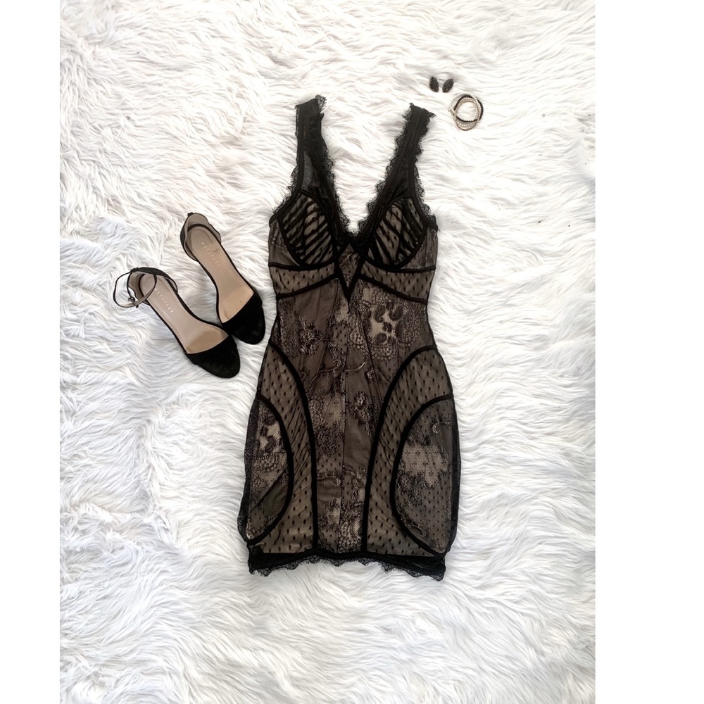 Black Lace Dress with Nude Underlay